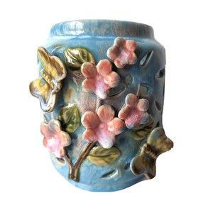 Moriage Butterfly Flowers Cutout Luminary Cherry Blossom Blue Ceramic Drip Glaze